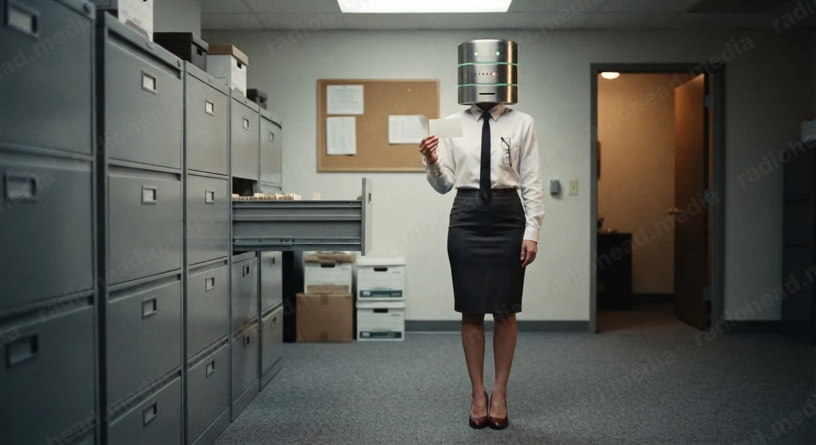 DaniaBase in her archive room, a drawer of the filing cabinets pulled open, holding up a single index card
