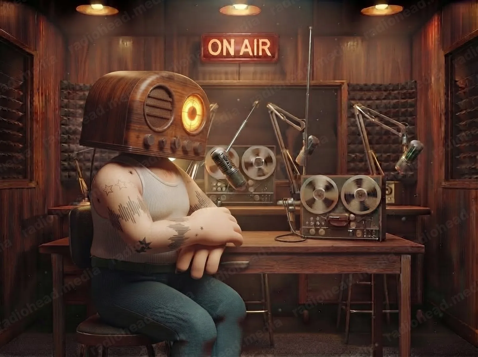 Mr. Radio at the studio desk, arms folded, listening