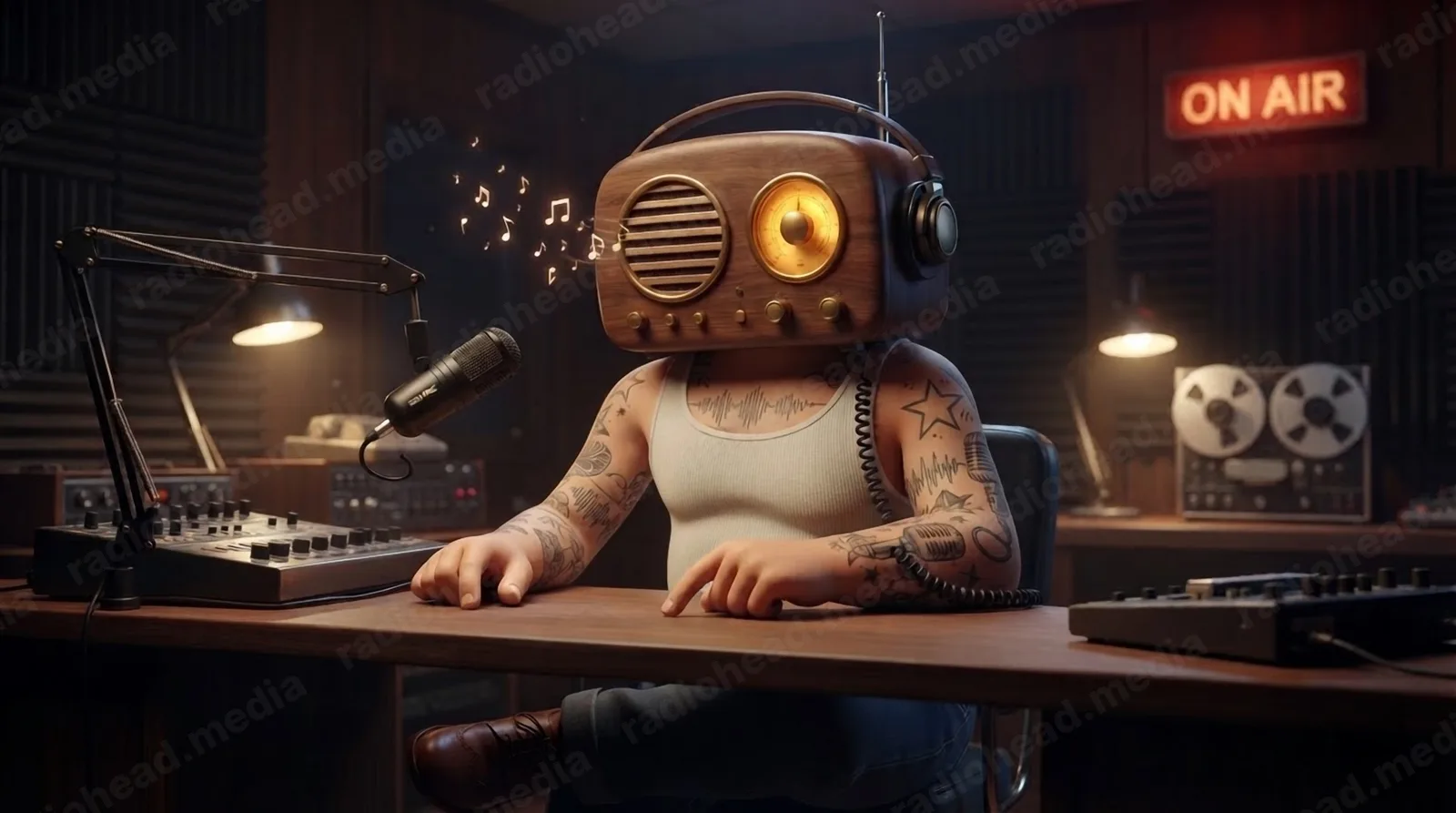Mr. Radio humming at the mixing desk, music notes drifting from his speaker