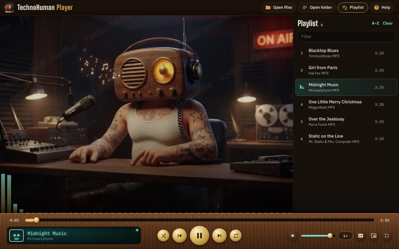 TechnoHuman Player playing a song: Mr. Radio humming on screen, a playlist on the right, and the walnut control deck with brass buttons and a teal display