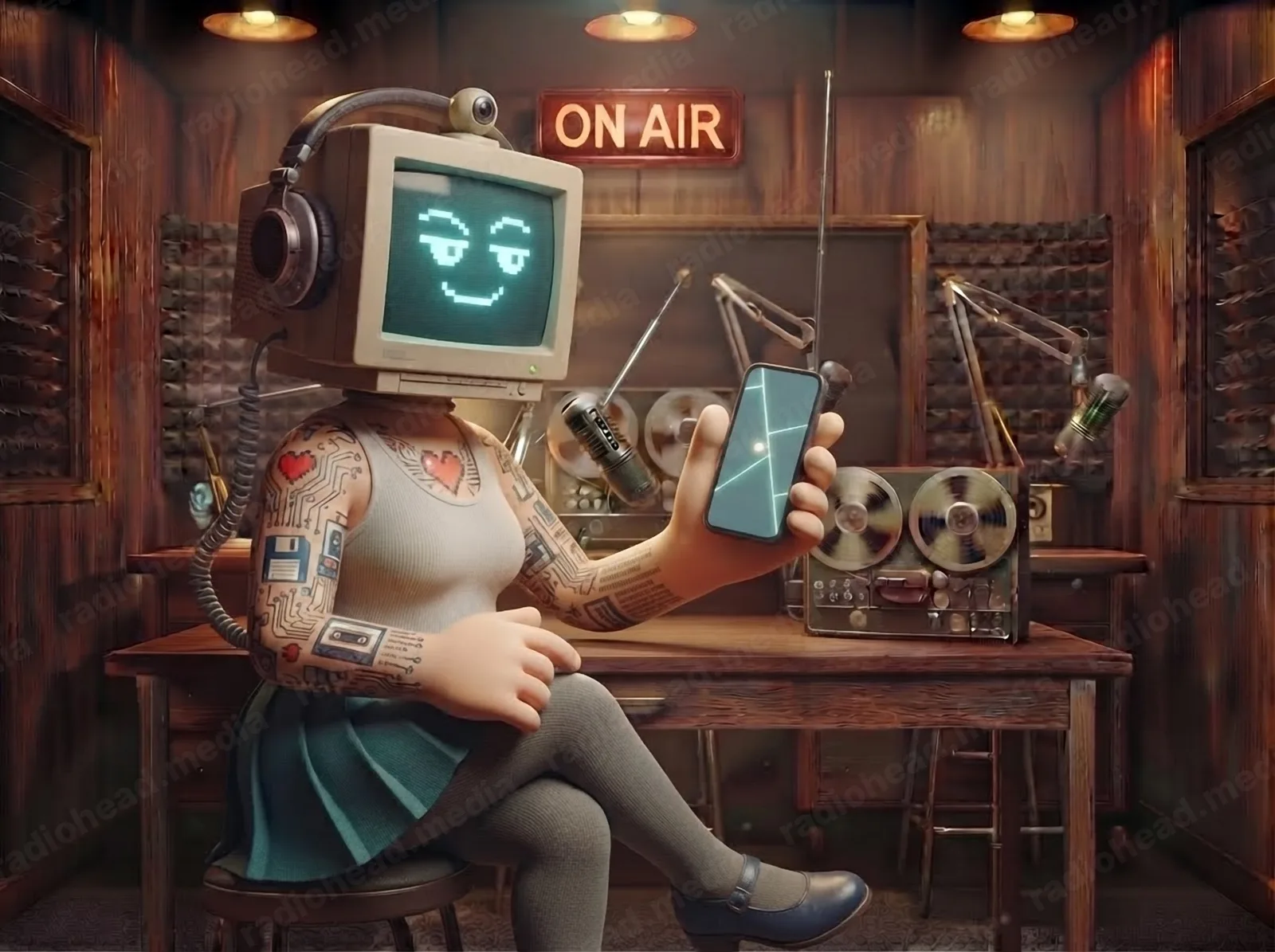 Mrs. Computer at the studio desk, holding up her phone with a knowing smile